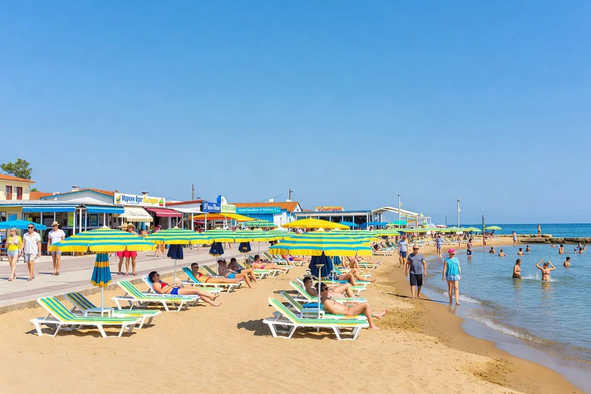 Plage animée avec parasols et promenade sur le littoral bulgare