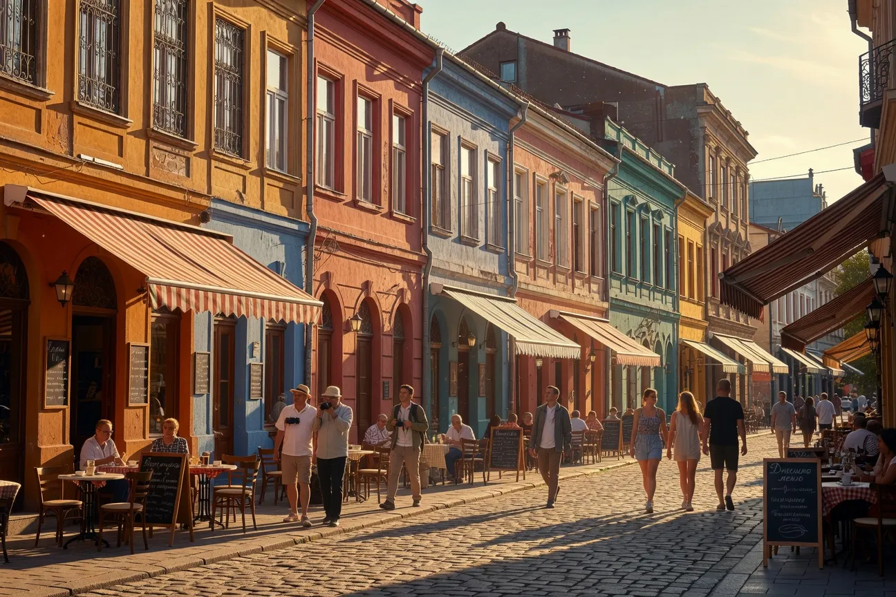 Rues piétonnes colorées du centre de Sofia avec cafés en terrasse et passants