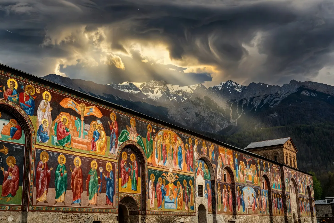 Monastère de Rila en Bulgarie, façades aux fresques colorées, classé au patrimoine UNESCO