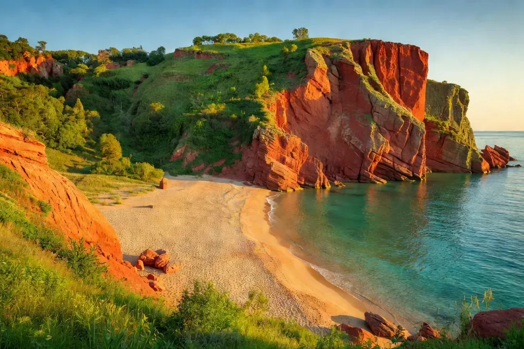 Plage sauvage et déserte de Bulgarie avec falaises rouges et végétation naturelle au coucher du soleil