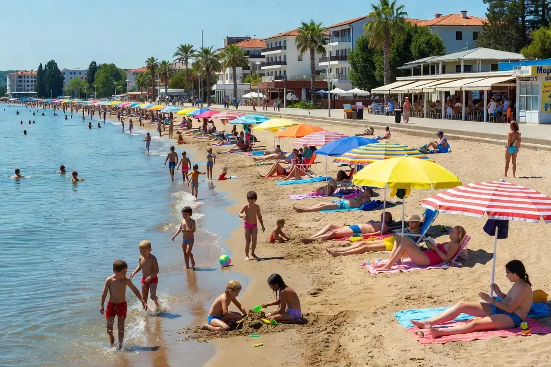 Plage de sable fin à Varna avec parasols colorés et mer calme en été