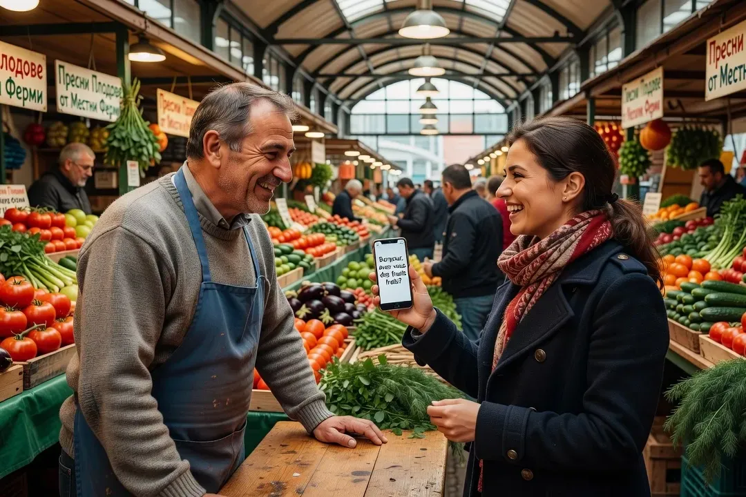 Marché couvert de Sofia avec vendeur bulgare et touriste montrant une phrase sur son téléphone, échange souriant