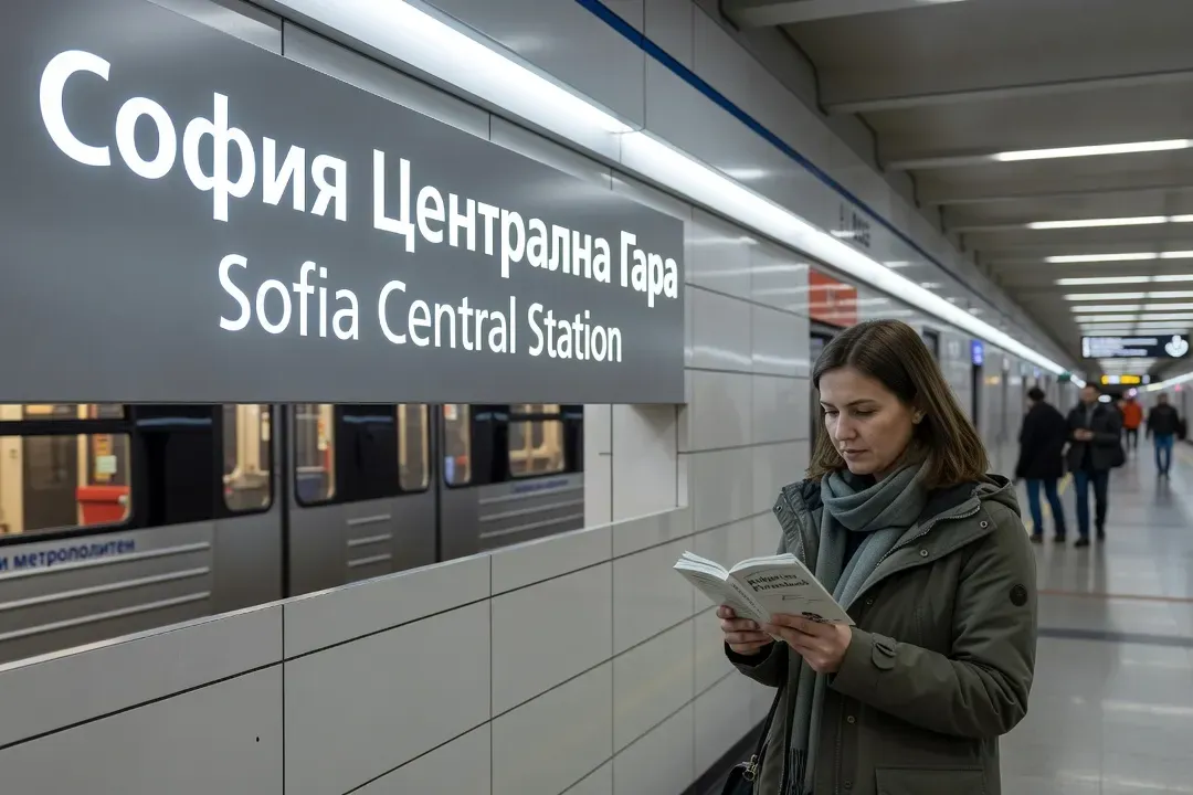 Panneau de station de métro de Sofia en cyrillique et latin, voyageur consultant son guide