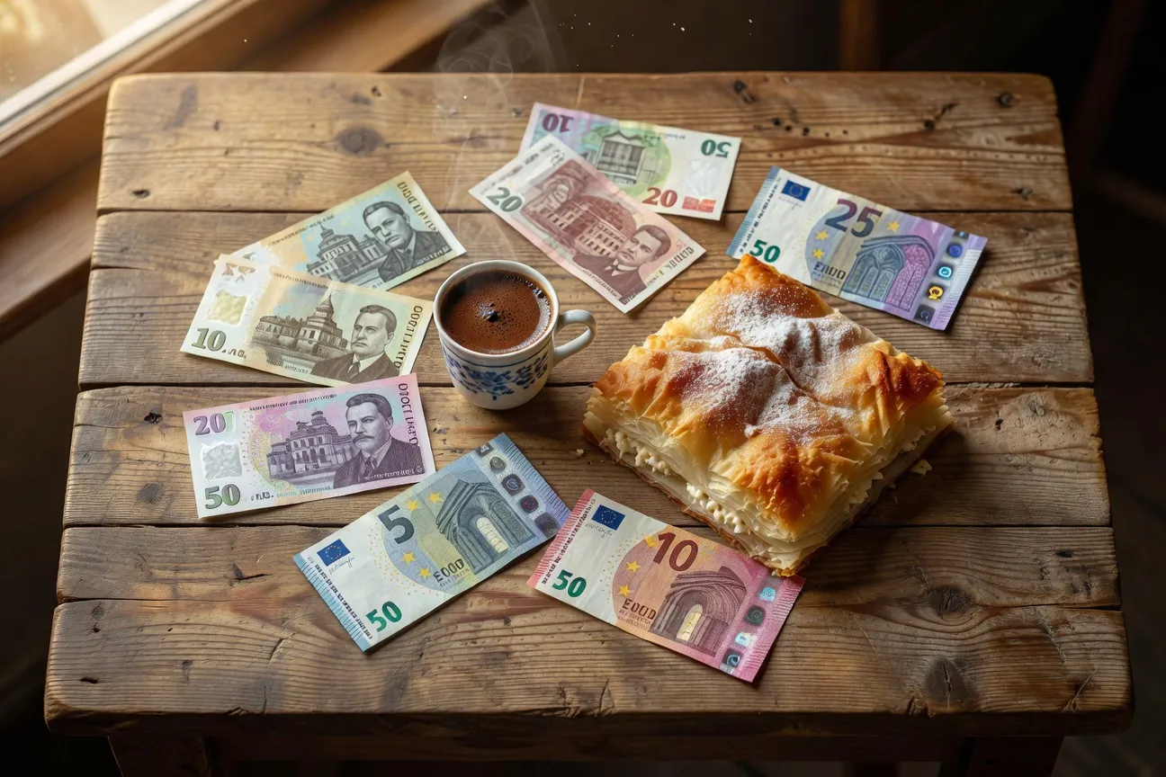 Billets de banque leva et euro sur une table de café bulgare avec banitsa et café turc