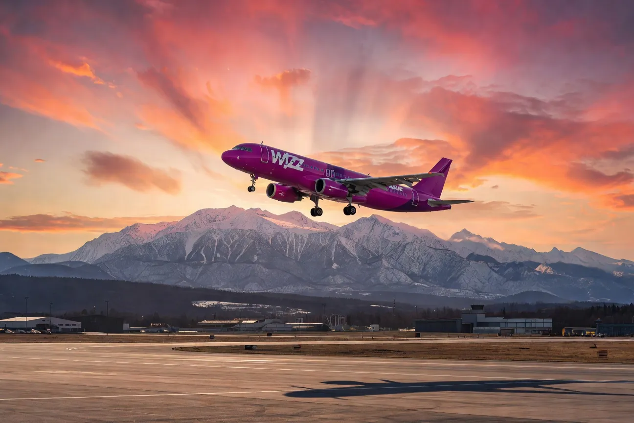 Avion Wizz Air au décollage à l'aéroport de Sofia avec mont Vitosha en arrière-plan