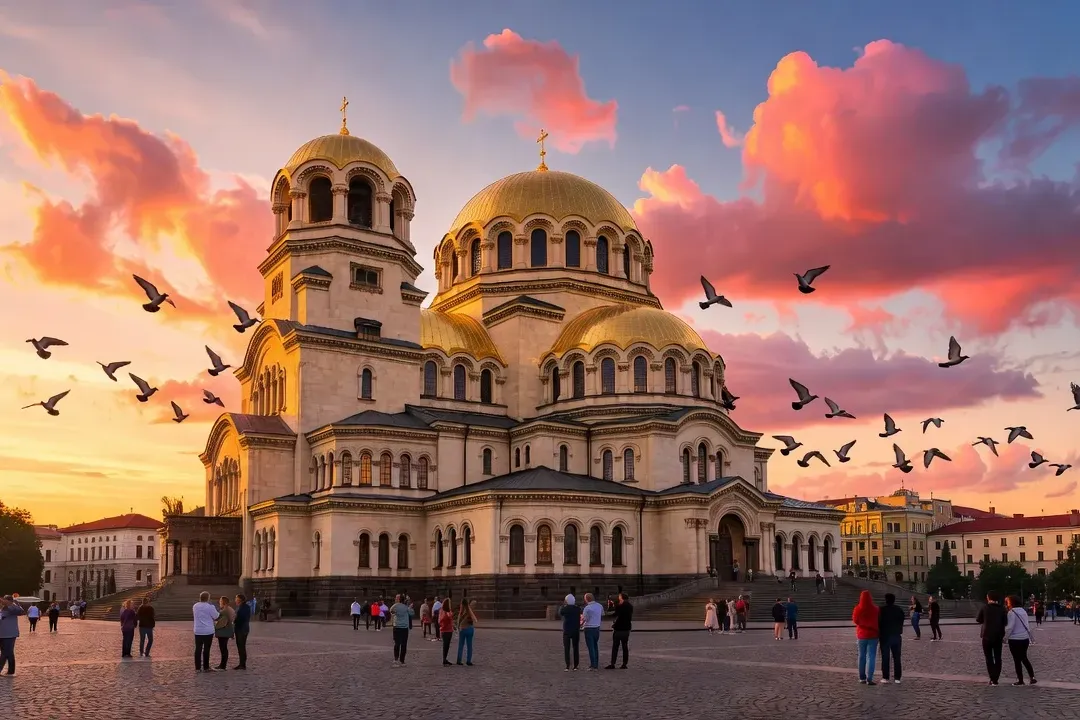 Cathédrale Alexandre Nevski de Sofia au coucher du soleil avec ses coupoles dorées