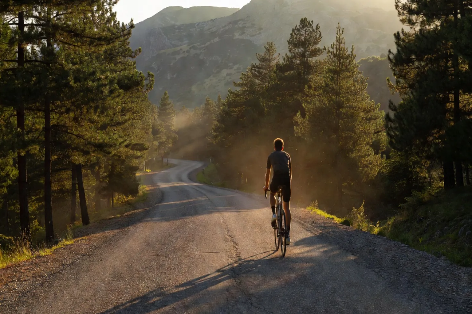 Cycliste sur une route de montagne dans les Rhodopes en Bulgarie au lever du soleil