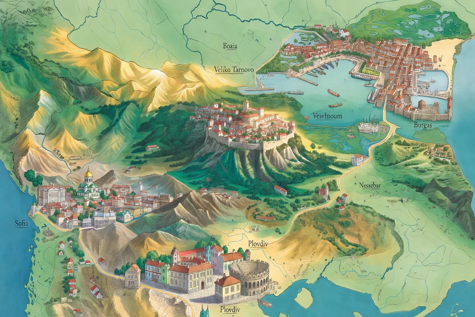 Carte stylisée des 3 étapes du Giro d'Italia 2026 en Bulgarie : Nessebar, Burgas, Veliko Tarnovo, Plovdiv, Sofia