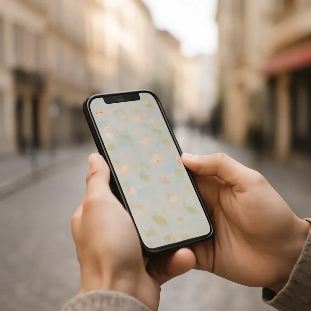 Gros plan de mains tenant un smartphone affichant une application de carte, rue européenne en arrière-plan flou