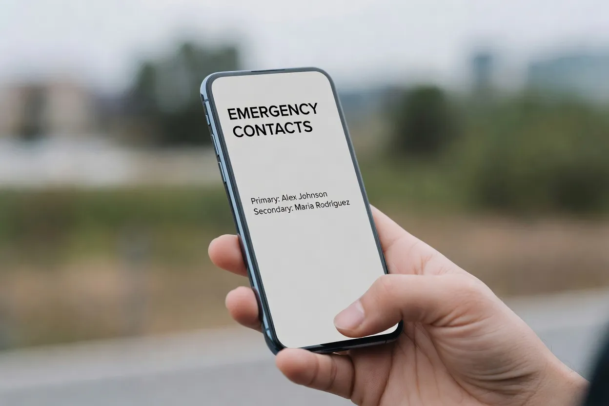 Main tenant un smartphone avec un écran de contact d'urgence, arrière-plan extérieur flou
