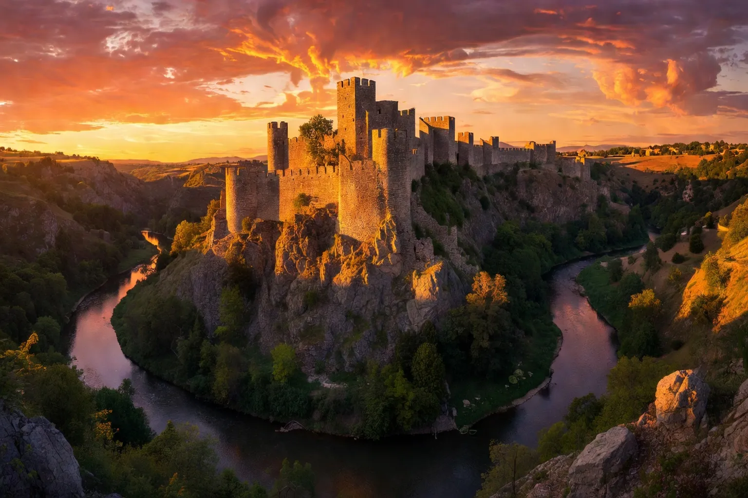 Forteresse Tsarevets à Veliko Tarnovo au coucher de soleil avec la rivière Yantra en arrière-plan