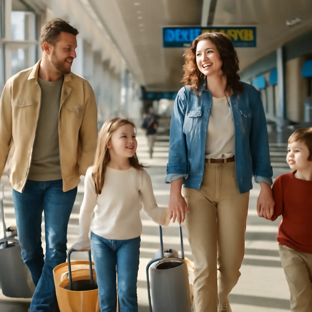 Famille avec un enfant traversant un terminal d'aéroport avec des bagages légers