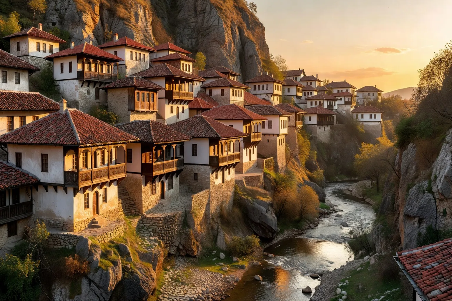 Vieille ville de Veliko Tarnovo avec ses maisons traditionnelles bulgares accrochées à la falaise au-dessus du Yantra