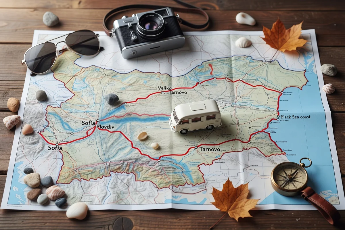 Carte d'un itinéraire camping-car en Bulgarie avec les étapes clés