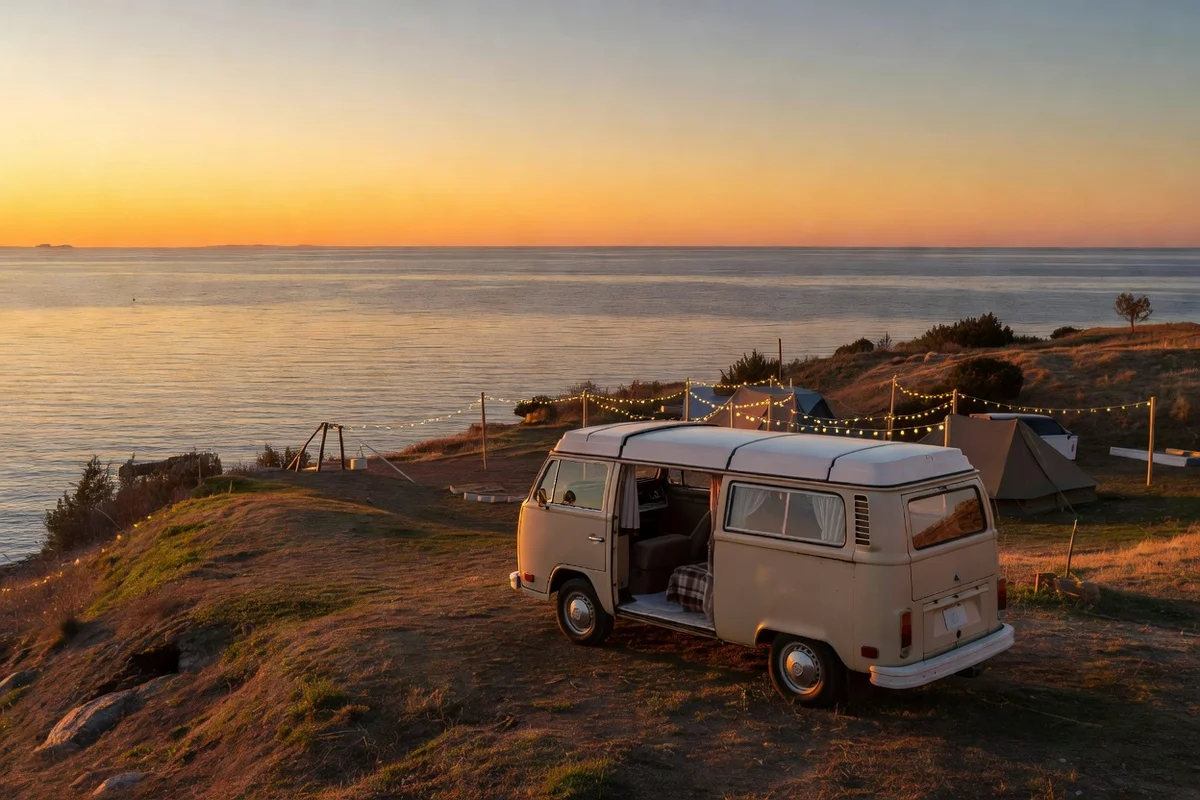 Camping-car stationné au crépuscule près de la mer Noire en Bulgarie