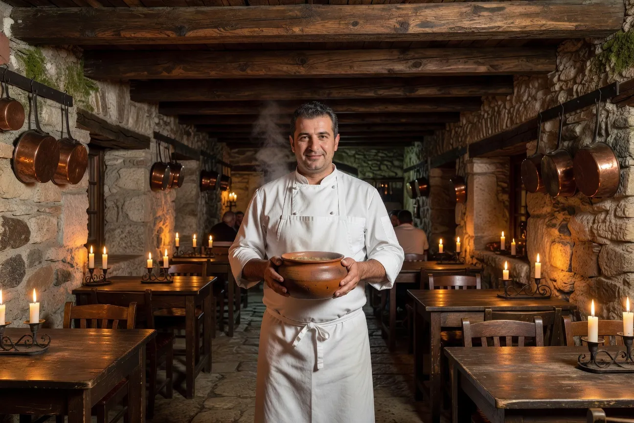 Portrait éditorial du chef Dimitar Stoyanov dans sa mehana de Plovdiv