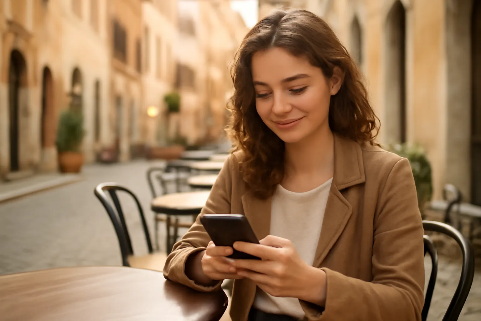 Voyageuse consultant son smartphone avec une carte SIM en Bulgarie
