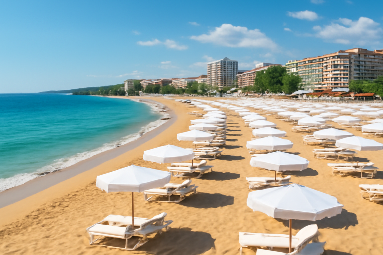 Plage des Sables d'Or en Bulgarie, sable doré et eaux turquoise de la mer Noire