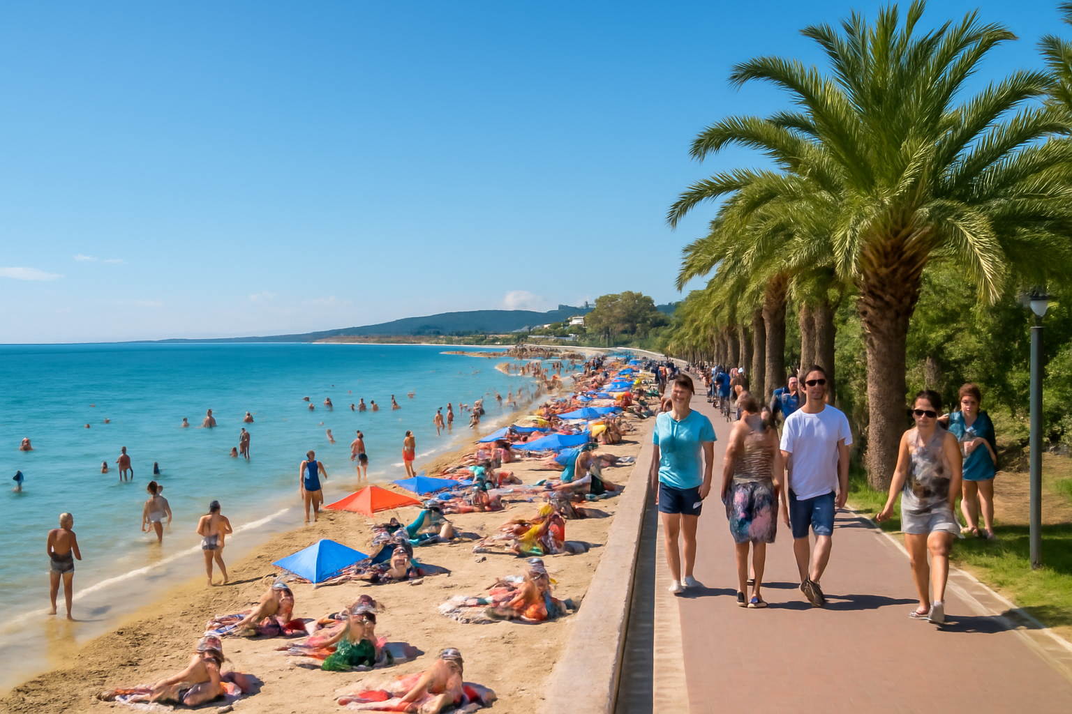 Été sur la côte de la mer Noire en Bulgarie, plage et promenade ensoleillée