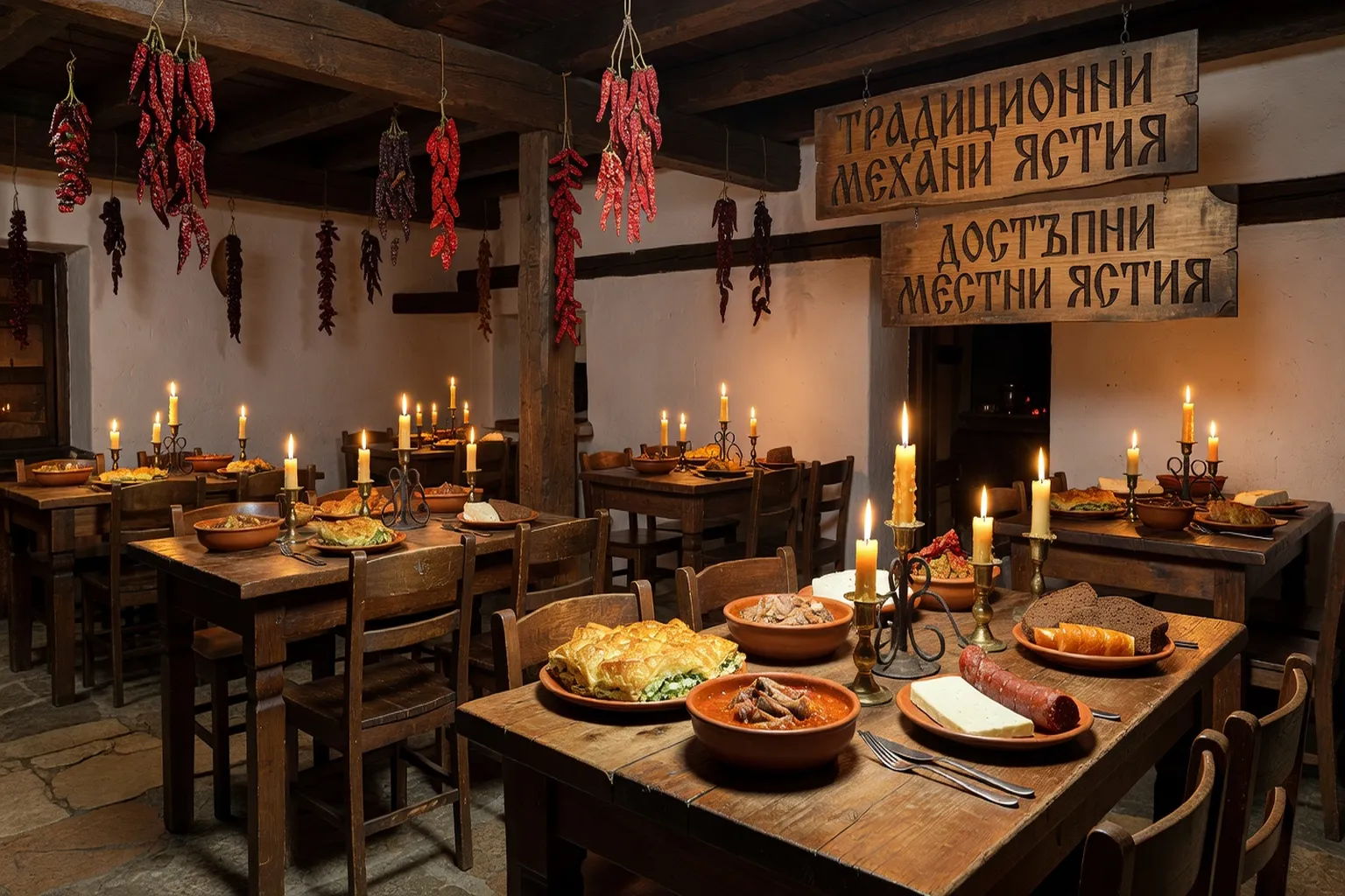 Intérieur d'une mehana traditionnelle bulgare avec tables en bois et plats locaux abordables, ambiance chaleureuse