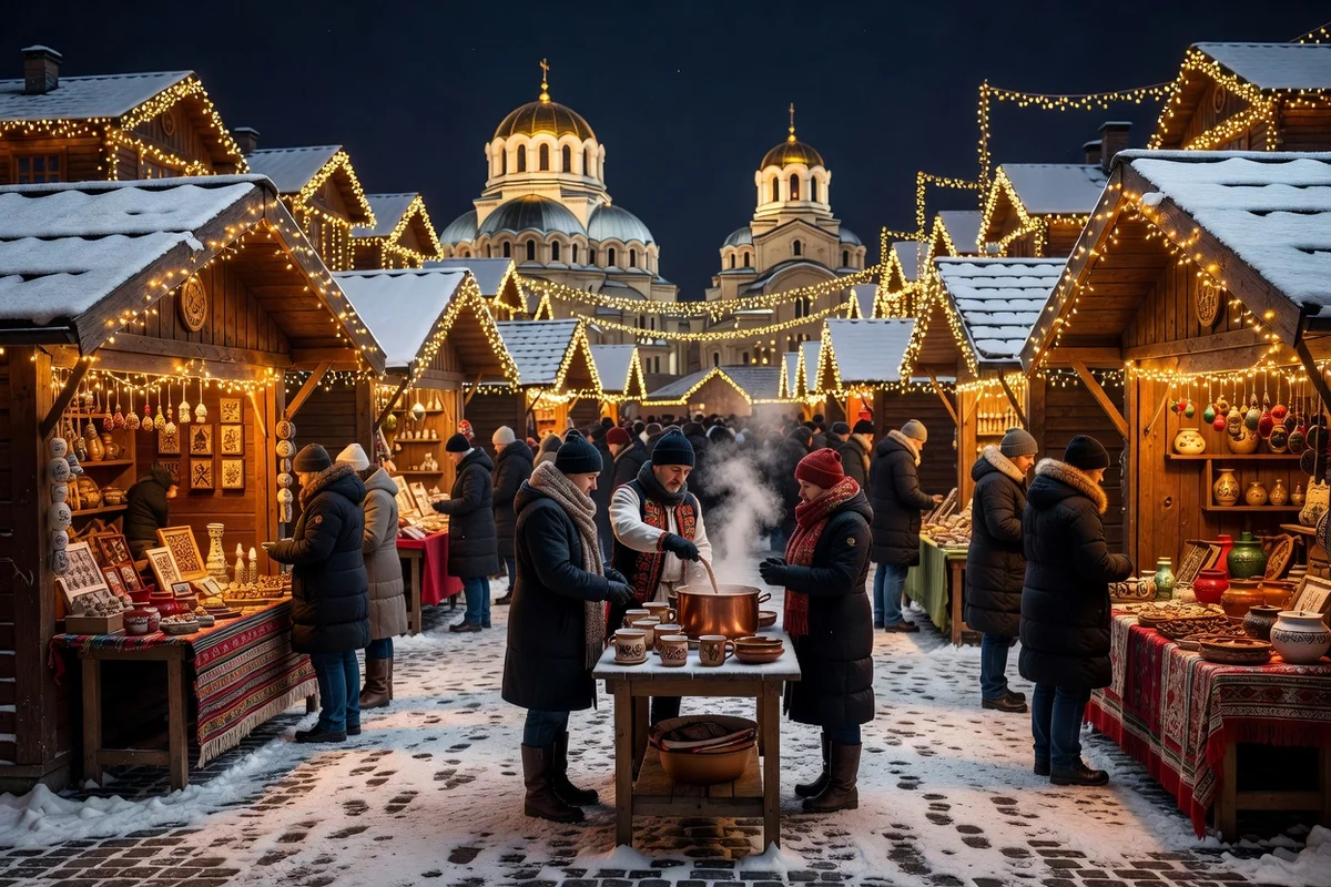 Chalets illuminés du marché de Noël de Sofia sur la place Alexandre-Nevski