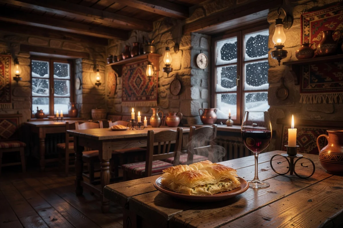 Intérieur chaleureux d'une kafana sofiote avec plat de banitsa et vin bulgare