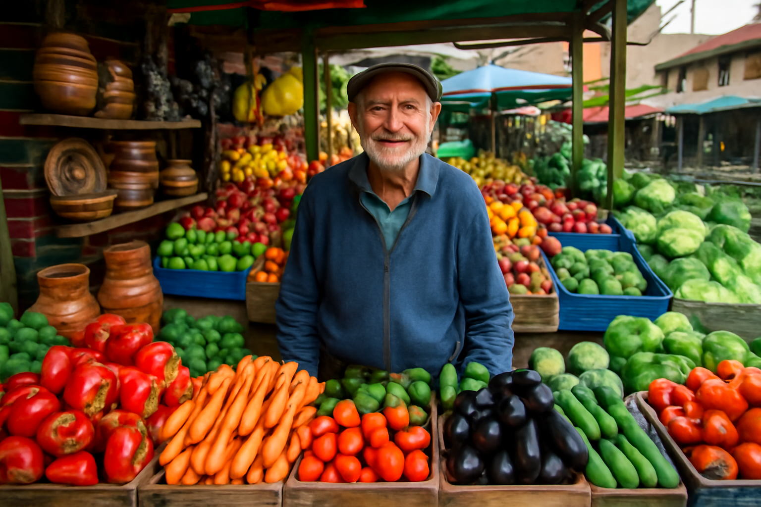 Marché local en Bulgarie avec fruits, légumes et poteries traditionnelles