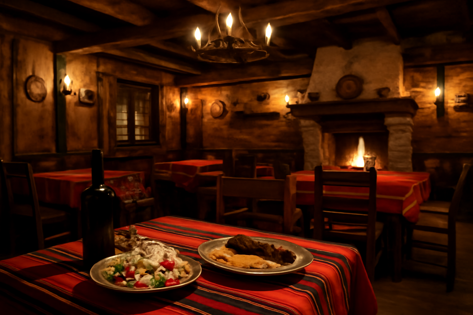 Intérieur d'une mehana bulgare traditionnelle avec salade shopska et kebapche