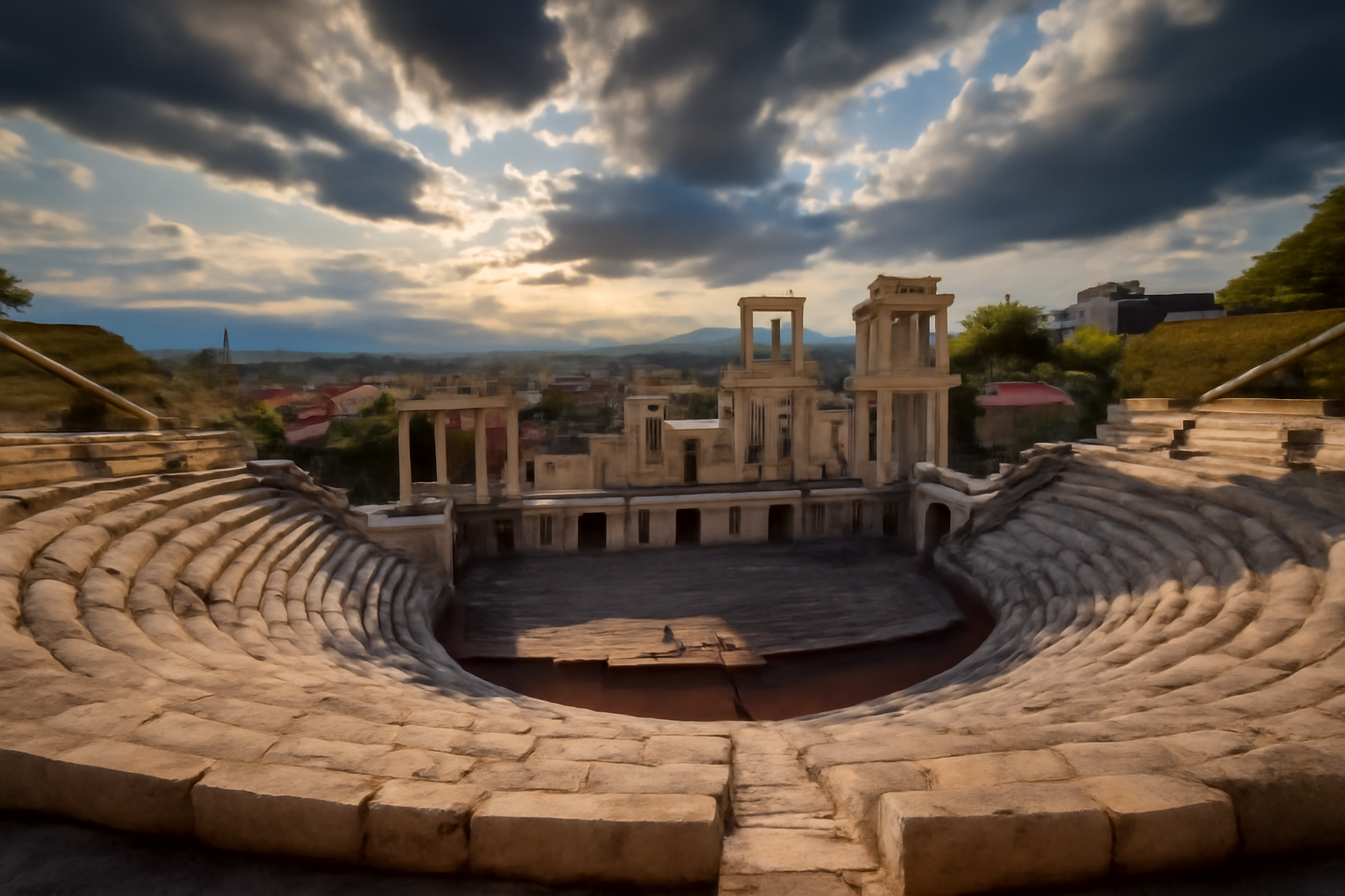 Théâtre romain antique de Plovdiv avec vue sur la ville moderne en arrière-plan